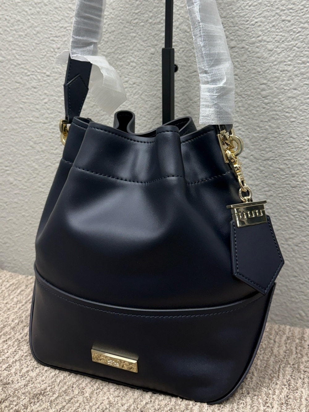 Navy Bucket Shoulder Bag with Gold Hardware